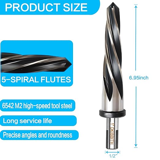 1??Bridge Construction Reamer Drill Bit, M2 HSS Taper Chucking Reamer for Steel Alloy Metal Wood Plastic, 1/2" Non-Slip Shank, 5-Spiral Flutes Car Reamer, to Align or Enlarge Holes, 25mm