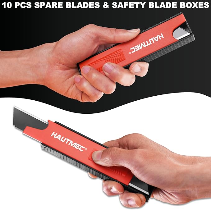 HAUTMEC 25mm Utility Knife Set, Heavy Duty Auto-Lock, Retractable Box Cutter, Wire Stripper Design, with extra 10pcs Ultra sharp Snap-off Sharp Blades HT0205-KN