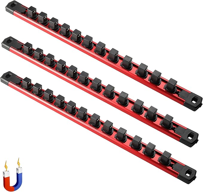 ALOANES 3-Piece Magnetic Socket Organizer, Heavy Duty Aluminum Socket Rails Organizer, 360째 Swivel Clips Socket Rail Set For Sockets Storage, 1/2-Inch Socket Holder x 36 Clips (Red)