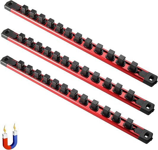 ALOANES 3-Piece Magnetic Socket Organizer, Heavy Duty Aluminum Socket Rails Organizer, 360째 Swivel Clips Socket Rail Set For Sockets Storage, 1/2-Inch Socket Holder x 36 Clips (Red)