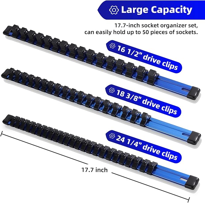 ALOANES 3-Piece Aluminum Alloy Socket Organizer, Heavy Duty Socket Racks, Socket Holder Kit for Toolbox Drawer Fit 1/2, 3/8, 1/4-Inch Socket Holder x 58 Clips (Blue)