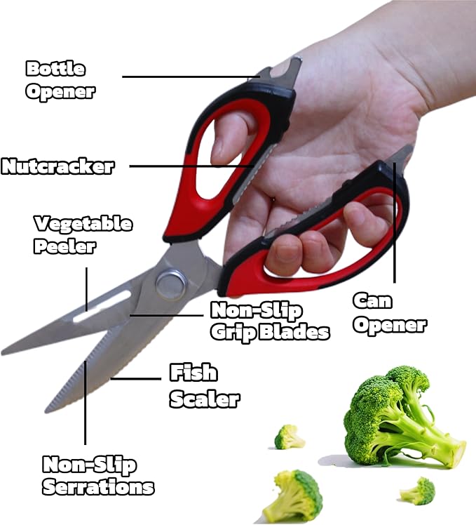 2-Pack Heavy Duty Kitchen Shears - Ultra Sharp All Purpose Food Scissors for Cutting Chicken Bones, Meat & Vegetables, Multi-Function Stainless Steel Cooking Shears (Black & Red)