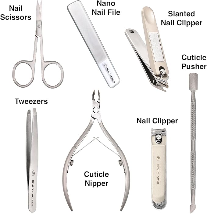 Manicure Pedicure Set 7-in-1 Stainless Steel, Ultra Sharp, Slanted Nail Clipper, Fingernail Clipper, Cuticle Nipper, Glass Nail File, Eyebrow Tweezers, Scissors, Case ??Gift (Matte Gray)