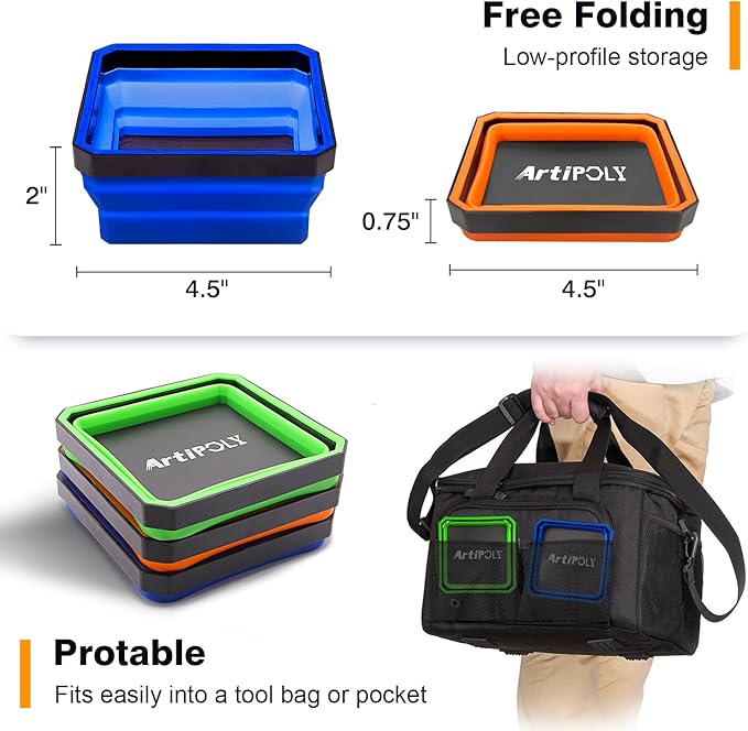 Collapsible Magnetic Parts Tray Set, 3 Pack Foldable Silicone Magnetic Tool Trays for Bolts Screws Nuts & Small Metal Parts, 4.5??Upgraded Square Silicone Bowls with Dual-Sided Magnetic Base