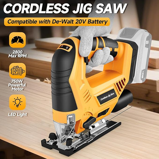 Jig Saw Compatible with Dewalt 20V Max Battery (No Battery), Cordless Jig Saw Brushless Jigsaw Tool with LED Light, 0°- 45° Bevel Cuts, 3 Orbital Settings for Straight/Curve/Circle Cutting