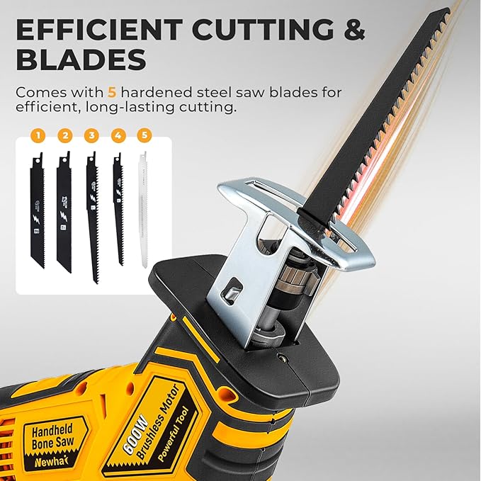 Newhai Cordless Electric Bone Saw, 600W Handheld Butcher Tool with 3000mAh Battery, Variable Speed Home Butcher Saw with 5 Blades for Cutting Ribs, Frozen Meat, Poultry Bones