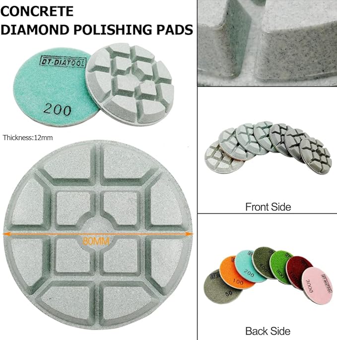 DT-DIATOOL Concrete Polishing Pads 3 inch/80mm for Concrete, Cement and Terrazzo Floors Processing, Repairing and Renovating, Dry or Wet Use Diamond Grinding Pads Grit 200 3pcs