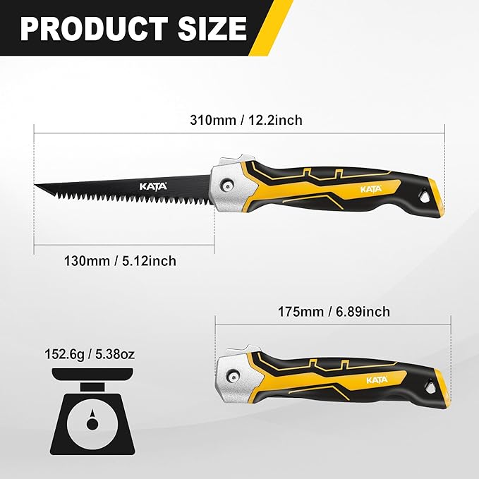 KATA Folding Jab Drywall Saw - Compact Hand Saw, Keyhole Sheetrock Opener with Soft Handle, 7TPI Triple Teeth 65Mn Steel Sharp Blade Hacksaw with Canvas Bag for Wallboard, Plywood, PVC Cutting