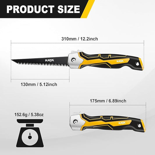 KATA Folding Jab Drywall Saw - Compact Hand Saw, Keyhole Sheetrock Opener with Soft Handle, 7TPI Triple Teeth 65Mn Steel Sharp Blade Hacksaw with Canvas Bag for Wallboard, Plywood, PVC Cutting