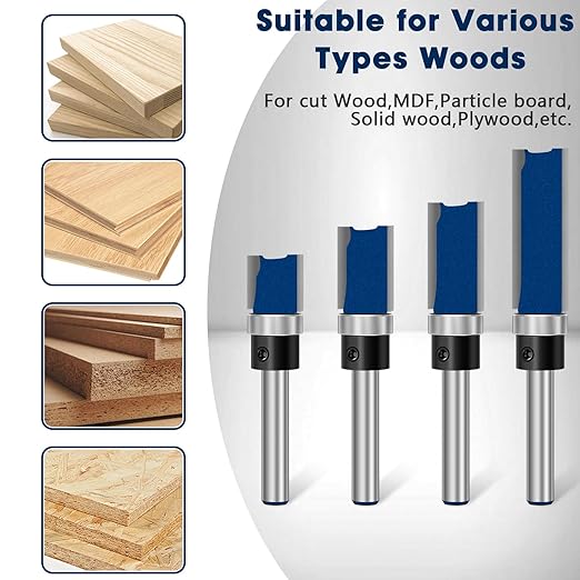 Feanron 4 Pcs Straight Cut Router Bits Flush Trim Router Bit Set 1/4 Inch Shank, Template Route Bit with Bearing Prevent Tear-Out, Durable Pattern Route Bit Milling Cutter for Woodworking (Blue)