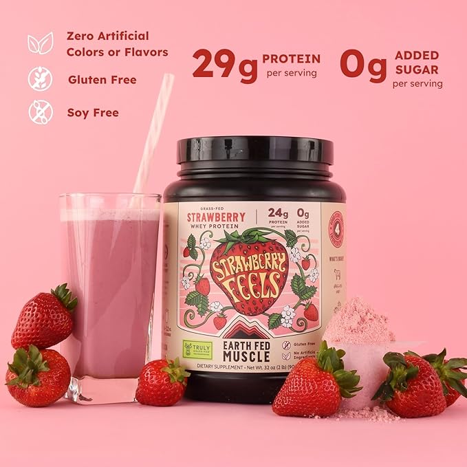 Earth Fed Muscle Strawberry?츴eels??Forever) ??Irish Truly Grass?멑ed Whey Protein Isolate, No Sugar, Soy?멑ree, Gluten?멑ree (2 lb, 29 Servings, Strawberry)