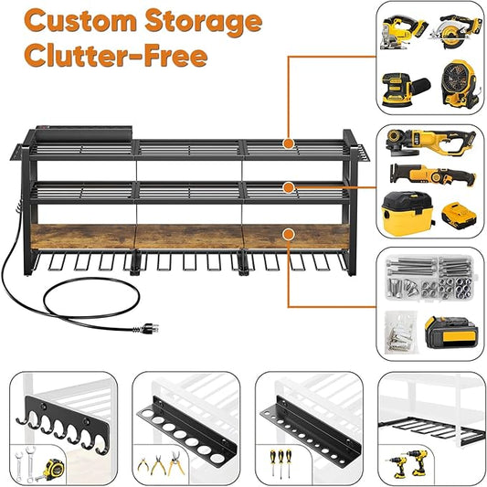 49.5" W Large Power Tool Organizer with Charging Station, 4 Layer Heavy Duty Utility Rack Loads 800lbs, Holds 8 Cordless Drills, Wall Mount Tool Shelf with 8-Outlet Power Strip, Gift for Men