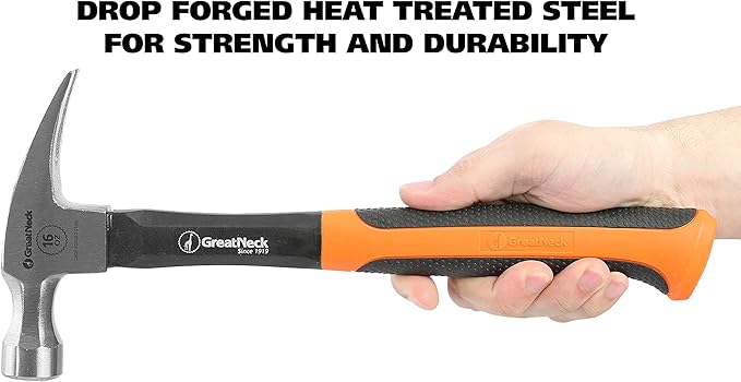 GreatNeck HG16S 16 Oz. Fiberglass Straight Claw Hammer, Carpenter & Contractor Tool for Framing, Building, & Ripping Nails, Durable Drop Forged Steel Hammer
