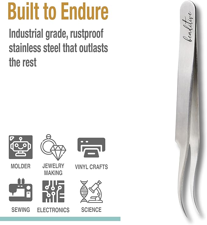 Beaditive High Precision Curved Tip Tweezers 3 Pack - 4.5" Craft Tweezers for Sewing, Beading & DIY Crafts - Non-Serrated Jewelry Tweezer Set with Fine Curved Tips - Stainless Steel Hobby Tweezers