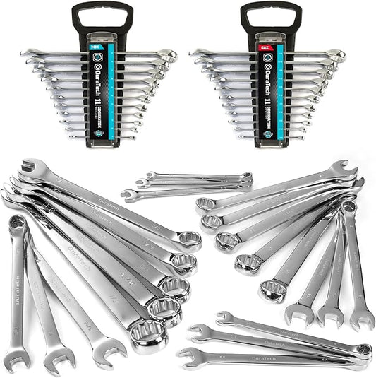 DURATECH Combination Wrench Set, SAE & Metric, 22-piece, 1/4'' to 7/8'' & 8-19mm, CR-V Steel, Organized in Wrench Holder
