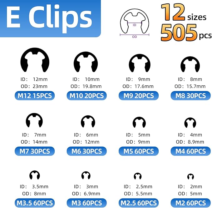 900PCS Carbon Steel Retaining Rings Set - 24 Sizes C Clips & E Clips Assortment Kit for Auto Parts Repair, Machinery Maintenance and Industrial Equipment