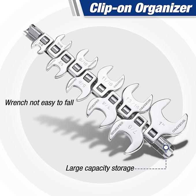 WORKPRO 3/8" Drive Crowfoot Wrench Set, 10-Piece SAE Crowfoot Wrench with Clip-on Organizer, 3/8??1?? Great for Automotive Repair Work Hard-To-Reach Areas