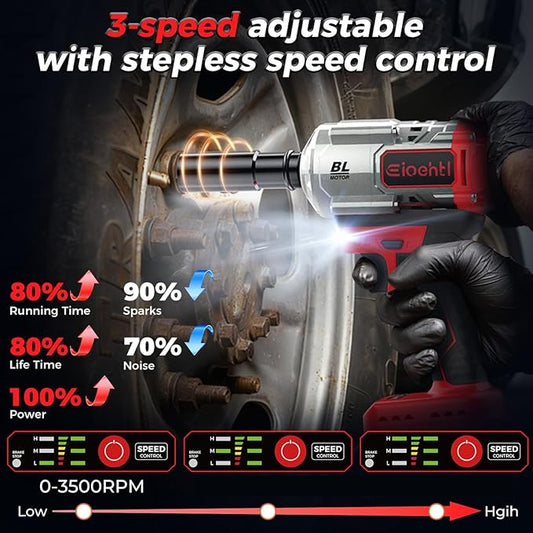 Cordless Impact Wrench, 1200Nm(900 Ft-lbs)1/2" Brushless Impact Gun, 2x4.0AH Batteries Electric Impact Motor Variable Speeds, 21V High Torque Power Impact Driver Ideal for Car, DIY, and Truck RV/Mower