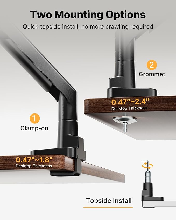 monTEK Sleek Aluminum Monitor Arm for 17??7??Ultrawide Screens up to 59.4 lbs, USB 3.0 A/C, Heavy Duty Single Monitor Arm Desk Mount, Pneumatic Lift, Quick-Release Plate, Clamp/Grommet, VESA 100x100