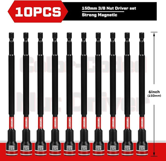 Impact Nut Driver Set, 10 Pieces 6?쒵ong 3/8?? Point Alloy Steel Magnetic SAE Nut Setter Set Use For Require Installing 1/4 Hex Shank Impact Driver with Case Box