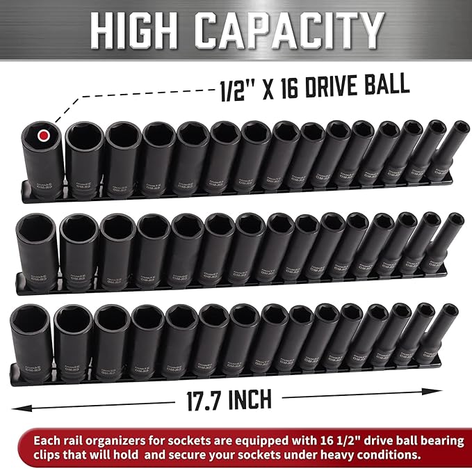 ALOANES 3-Piece 1/2-Inch Drive Aluminum Alloy Socket Organizer, Heavy Duty Socket Racks, Socket Holder Kit for Toolbox Drawer Fit 1/2-Inch x 48 Clips (Black)