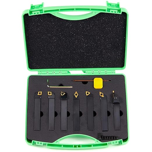 Indexable Lathe Turning Tool-5/8" Shank 7 Pieces Carbide Turning Tool Set, CNC Heavy-Duty Metal Lathe Cutting Tools for Turning Grooving Threading Cutting with Tin Coated Carbide Inserts