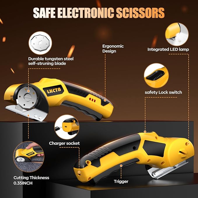 Electric Scissors, Cardboard Cutter, With LED Light, High-Efficiency Brushless Motor, 3500mAh Battery, Tungsten Steel Blade, Suitable for Cloth, Cardboard, Carpet Wire Rope Cutters dark yellow