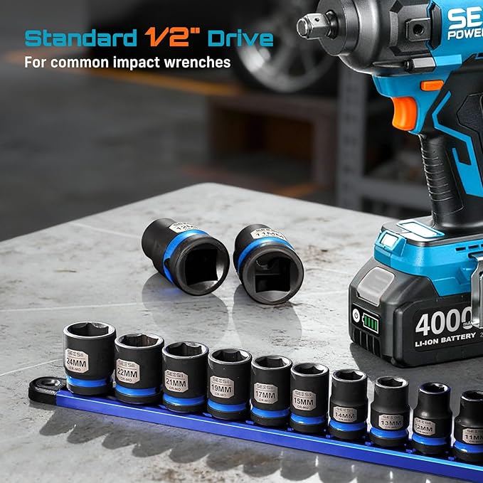 1/2 Inch Drive Impact Socket Set, 11-Piece Metric (10-24mm), Professional Chromoly Steel (CR-MO), 6-Point Shallow Sockets for Impact Wrench, Automotive Repair & General Mechanic Tools