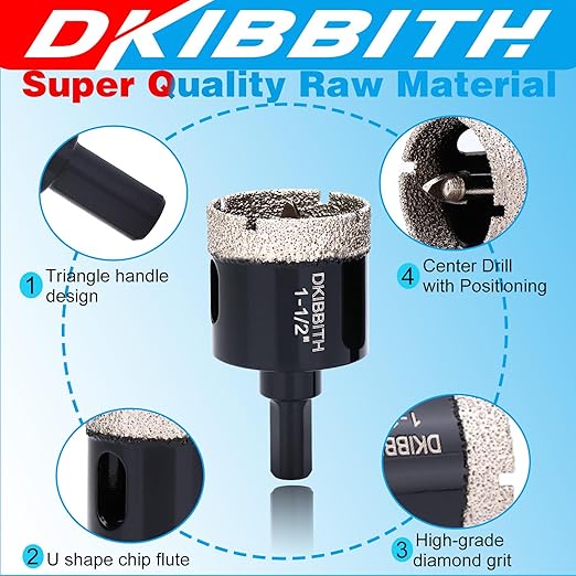 1 1/2" Diamond Hole-Saw Bits with Pilot Drill Bit - 1.5" Diamond Tipped Tile Hole Saws with Guiding Bit for Accurate Drilling, for Porcelain Tile Ceramic Pottery Granite Stone Glass Bottles 38mm