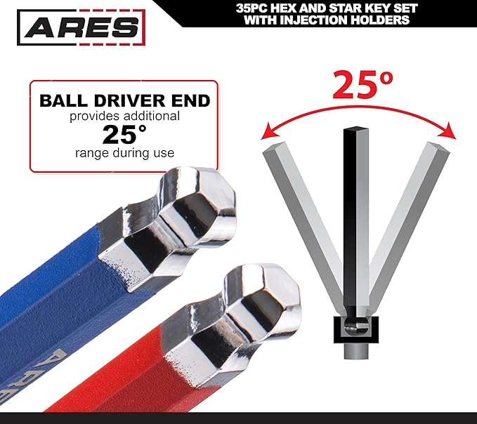 ARES 44035 ??35-Piece Long Arm Hex and Star Key Set ??Allen Wrench Set - SAE, Metric, and Torx Key Wrench Sizes - Chrome Finish with High Visibility Anti-Slip Coating - Storage Holders Included