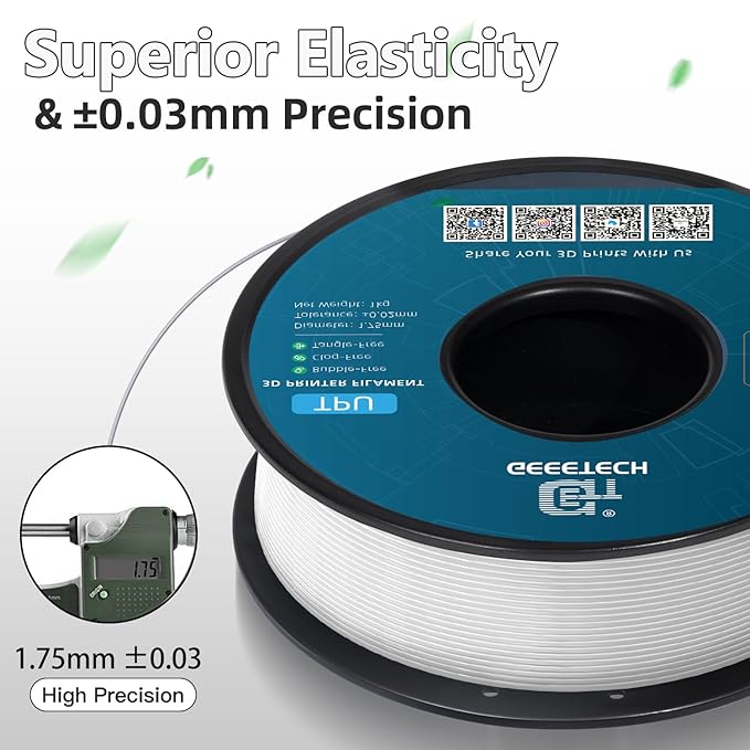 Geeetech TPU Filament 1.75mm, Shore 95A ??Flexible 3D Printer Filament with High Elasticity, 1KG (2.2lbs) Spool, Dimensional Accuracy 짹0.03mm, Fits Most FDM Printers (White)