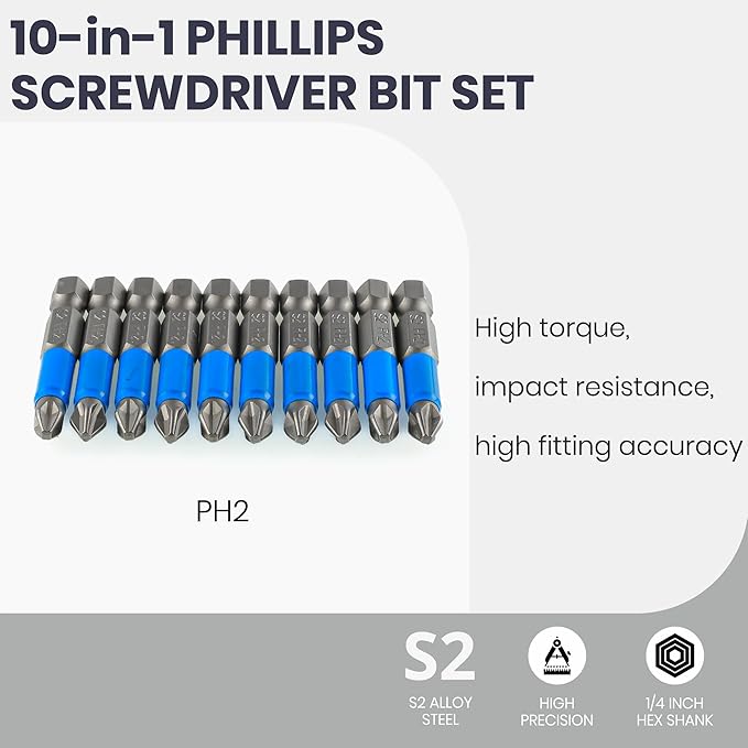 Anti Slip Phillips Cross Slot PH2#2 Short Screwdriver Bit Set 10PCS 1/4 Inch Hex Shank 2 Inch/50 mm Length S2 Steel with Magnetic Tip for Power Screwdriver Drill Impact Driver Tool Accessory