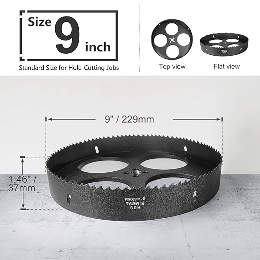 9 Inch Hole Saw with 1/2" Hex Shank Quick Change Arbor, JTemgle Bi-Metal Hole Saw Heavy Duty Hole Cutting Tool for Cornhole Boards, Recessed Lights, Wood, Plastic, Drywall & Soft Metal