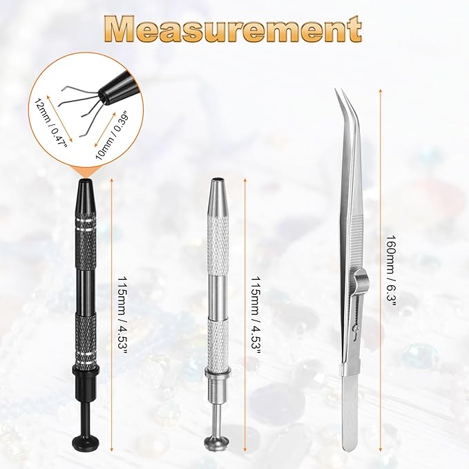 HARFINGTON 3pcs Diamond Tweezer Holder Pick Up Tool Set Stainless Steel 4 Claw Holder Elbow Head Jewelry Locking Tweezer for Tiny Objects Electronic Components, Silver/Black