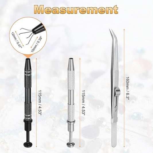 HARFINGTON 3pcs Diamond Tweezer Holder Pick Up Tool Set Stainless Steel 4 Claw Holder Elbow Head Jewelry Locking Tweezer for Tiny Objects Electronic Components, Silver/Black