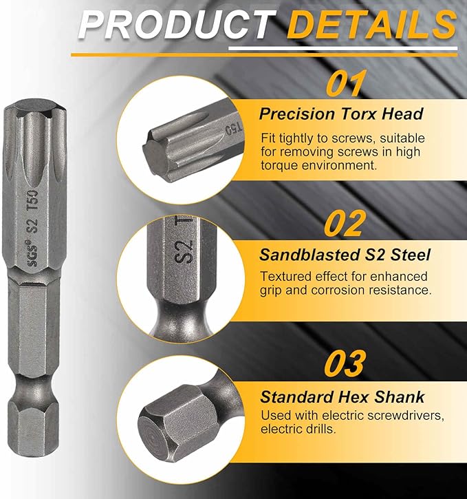 HARFINGTON 2pcs T50 Torx Head Screwdriver Bit 1/4" Hex Shank 2" (50mm) Long Magnetic No Hole Tip Tamper Proof 6 Point Star Screw Driver Drill Bits S2 Steel Industrial Power Screwdrivers
