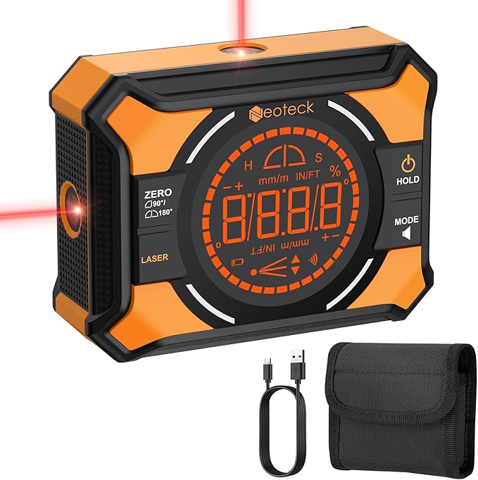 Neoteck Digital Angle Finder with Dual Laser (Class 2 Laser, 1mW Power Output) 4x90/2x180째Angle Gauge with LED Display and Data Hold USB Charging Level Box with Bottom and Back Strong Magnetic