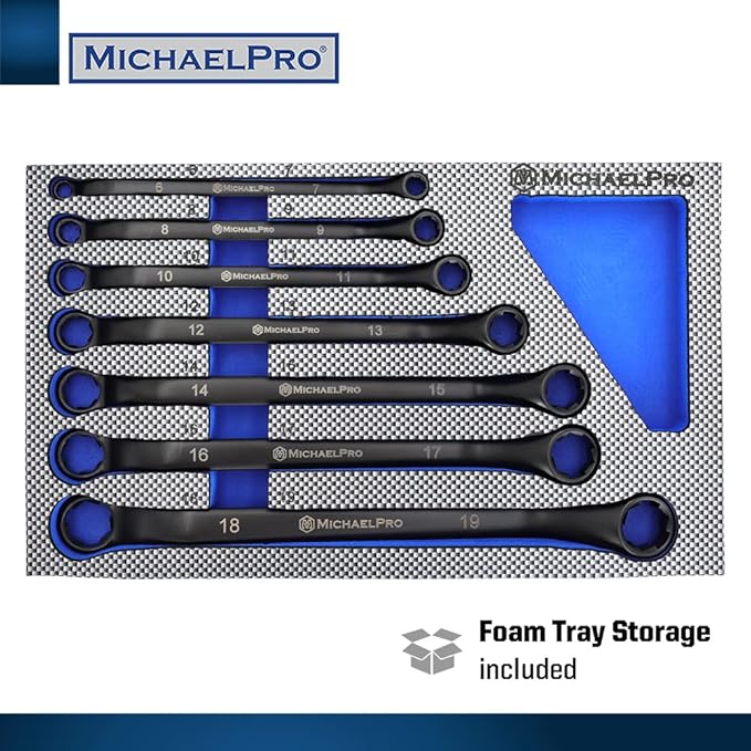 MichaelPro 7-Piece Bolt Extractor Wrench Set, 45째 Offset Wrenches Metric 6-19mm, 6-Point Box End Nut for Rounded, Stripped and Thin Bolts Removal, CR-V Steel, Storage Tray is Included - MP001217