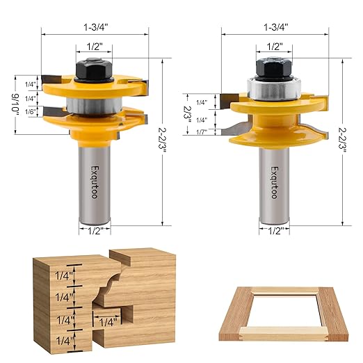 Exqutoo 3PCS 1/2" Shank Router Bit Set, Raised Panel Cabinet Door Making Router Bits, Cemented Carbide Router Bits, Woodworking Tools Router Door & Window Bits (Tenon Joint Cutter Diameter: 1-3/4")