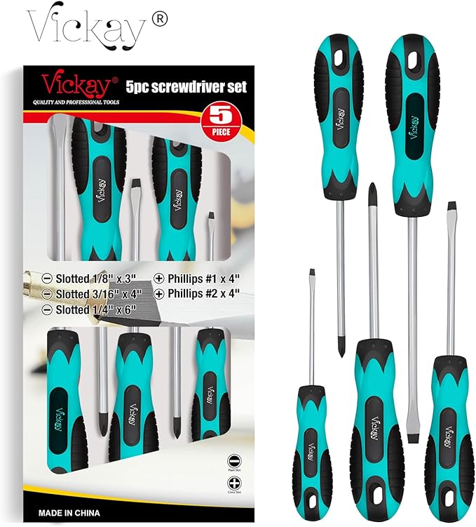 Vickay Magnetic Screwdriver Set,5 Pieces Slotted and Phillips Screwdriver with Ergonomic Comfortable Non-skid Handle,Permanent Magnetic Tips,Rust Resistant Heavy Duty Toolkit (Viridian Green)