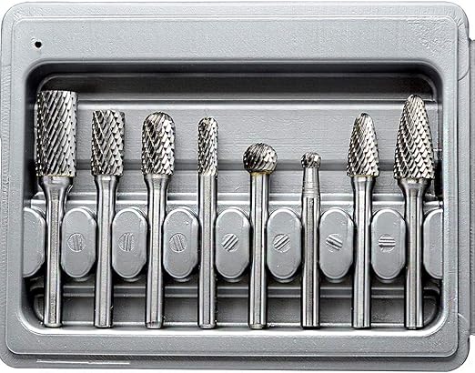 Carbide Burr Set 1/4'' Shank Die Grinder Bits Double Cut Solid Tungsten Carbide Rotary Files Bits for Die Grinder Metal Carving Polishing Drilling Milling Cutting (8pcs)
