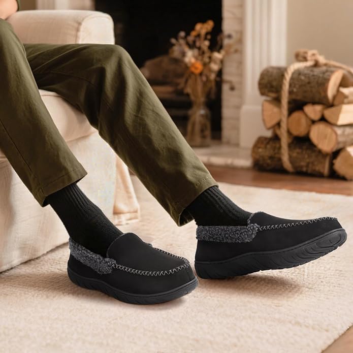 ATHMILE Men's Moccasin House Slippers, Memory Foam Arch Support, Plush Fuzzy Lining, Non-Slip Rubber Sole for Indoor/Outdoor Winter Comfort