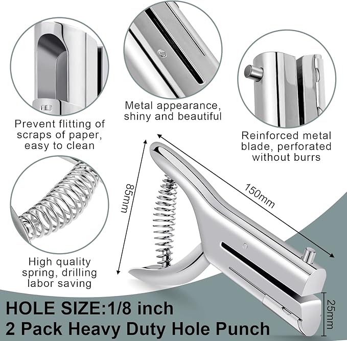 Chumia 2 Pcs Heavy Duty Hole Punch 2" Long Reach 1/8 Inch Paper Single One Hole Puncher Deep Throat Reduced Effort Hand Held Alloy Punch for ID PVC Cards 5 Inch Tall 25 Sheet Capacity