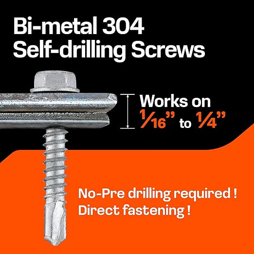 SUNKIN 56PCS Self Tapping Screws for Metal, Bi-Metal Stainless Steel 304 Rustproof, #12 x 2 Hex Head, Hardened Self Drilling Tip for Steel, Extreme Long Service Life