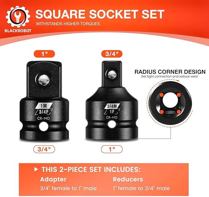 BLACKROBOT 2PCS Impact Socket Adapter and Reducer Set, 3/4" to 1" & 1" to 3/4" Socket Adapter Set, SAE Drive Cr-Mo Steel Exceeds ANSI Standards, Square Drive for Impact Driver Wrench
