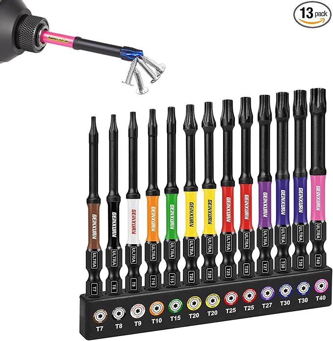 3?쒲mpact Torx Screwdriver Bits Set,13Pcs Magnetic S2 Steel Long Extension Star Driver Bits Set (T7-T40) with Color Coded Base