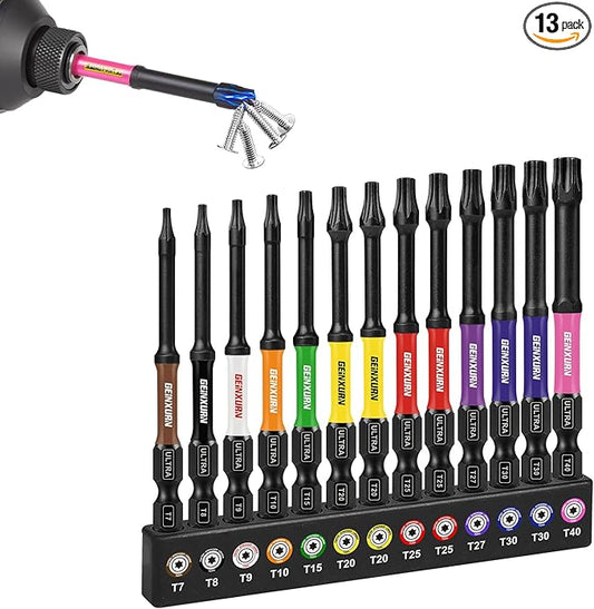 3?쒲mpact Torx Screwdriver Bits Set,13Pcs Magnetic S2 Steel Long Extension Star Driver Bits Set (T7-T40) with Color Coded Base