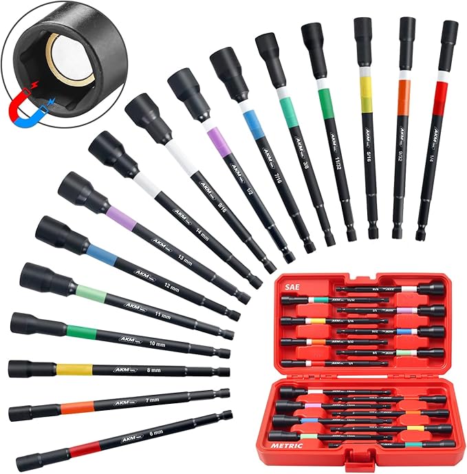 Nut Driver Set, Color-Coded Magnetic Nut Driver Set, 16 PCS Nut Drivers, 6 Inch, 1/4" Hex Shank, SAE & Metric, Extra Long, Nut driver set for Impact Drill with Storage Case