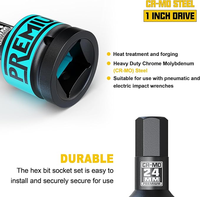 1" Drive H24 Impact Hex Bit Socket, 24 mm Allen Bit Socket, Metric, Cr-Mo Steel, Truck Repair and Equipment Maintenance