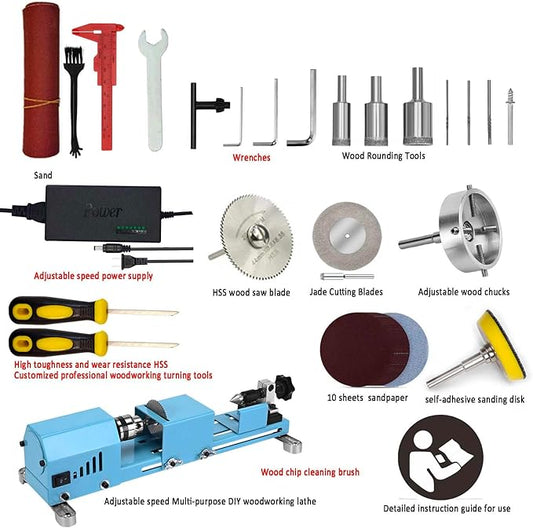Wood Lathe Mini Lathe Machine Multi-Purpose Type Lathe Milling Cutting Grinding Polishing Professional Table Top Lathe Tool Kit